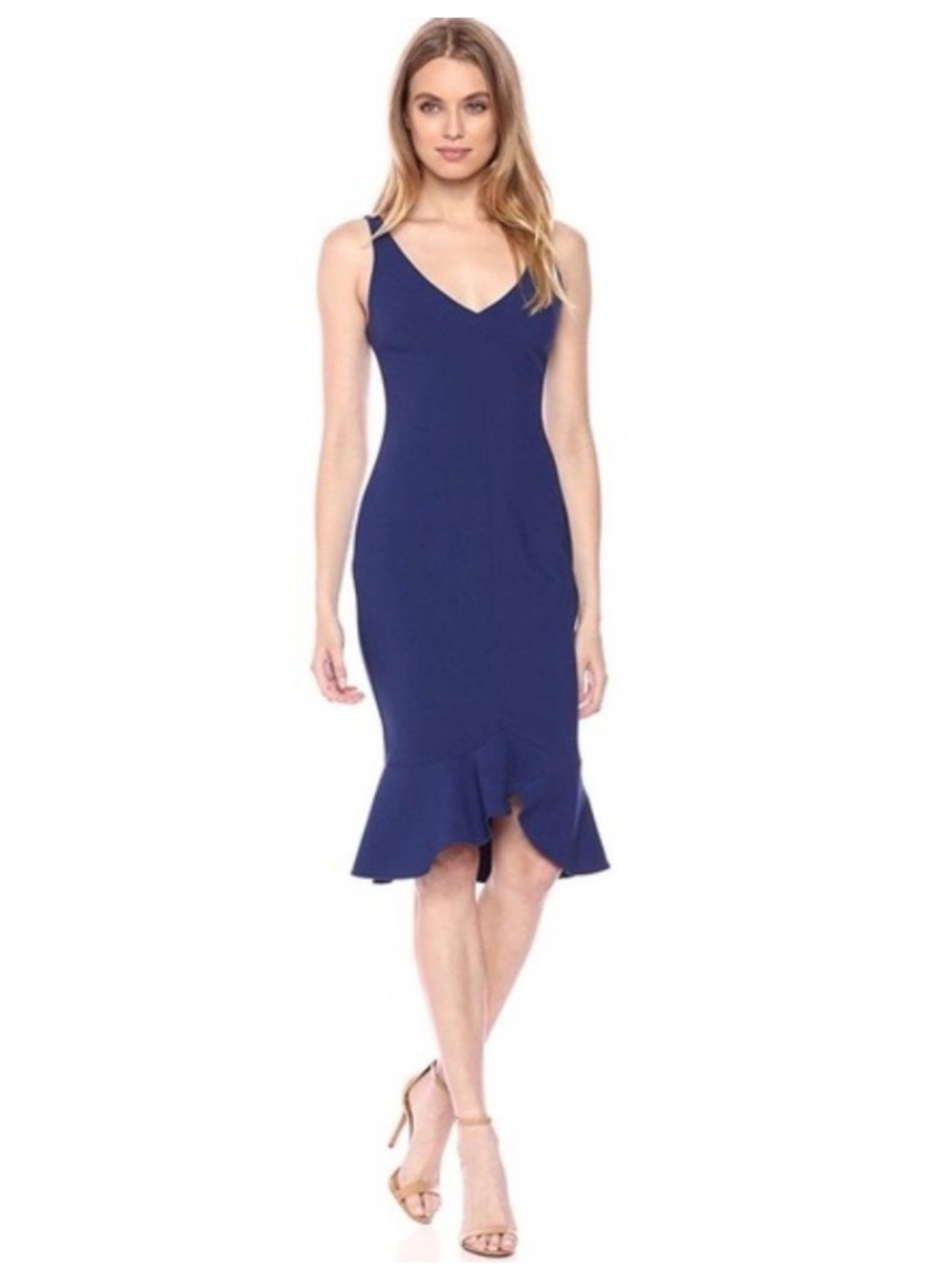 LIKELY Carina Blue Fitted VNeck Ruffle Hem Dress Sz 0 REVOLVE Bodycon Midi Flare